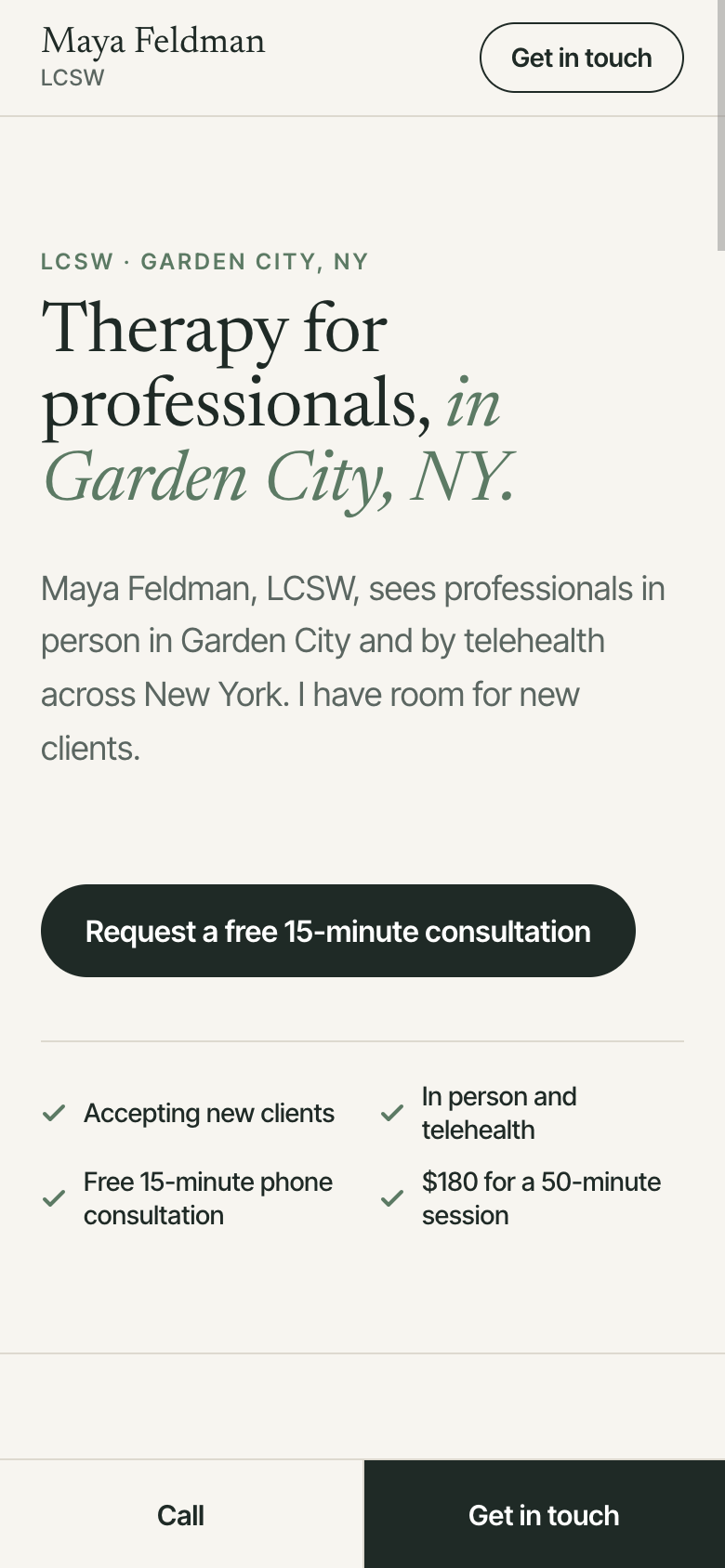 Maya Feldman Therapy: a one-page site for a therapist